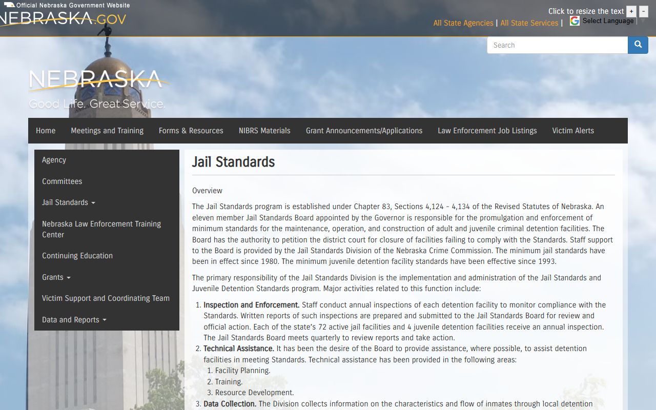 Pawnee County inmate records Nebraska jail standards
